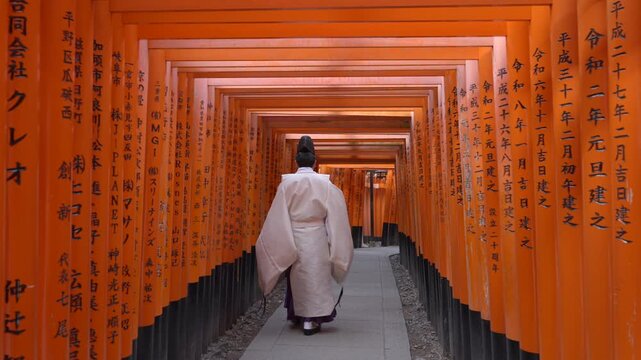 Slow motion shot of a Shinto priest walking through the iconic red torii gates at Fushimi Inari Shrine in Kyoto, Japan.
