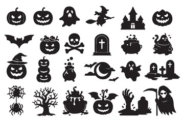 Fototapeta premium Halloween vector silhouette icon set with spooky ghosts pumpkins haunted houses bats spiders and scary design elements