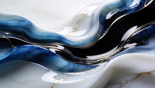 Featuring abstract layered tray resting on studio marble base, glossy ribbons, gold veins, shine