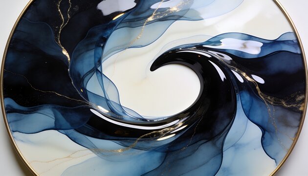 Showing round platter gloss wave on white table, navy-indigo-teal pigments, gold veining, gold rim