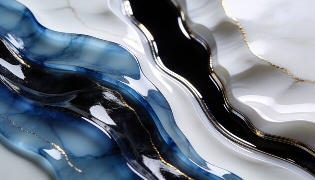 Showing three layered resin slabs on pale countertop, featuring blue black white with gold veins
