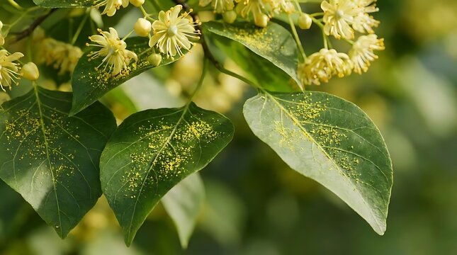 Pollen allergy snapshots showing yellow tree dust particles covering green linden tree leaves during the spring blooming season in a natural environment