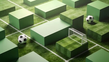 Obraz premium Sitting small white metal goal crowning turf grid at right, showing two black-white soccer balls