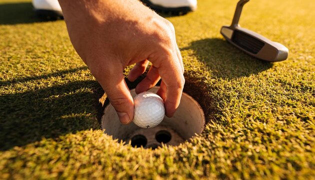Placing golfer's hand lowering golf ball into cup on putting green, putter and white shoe visible