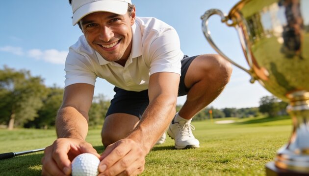 Kneeling adult golfer placing golf ball on putting green, wearing white polo and cap with trophy