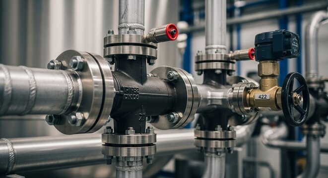 Intricate industrial hydraulic pipe network with flanges and valves in a manufacturing facility