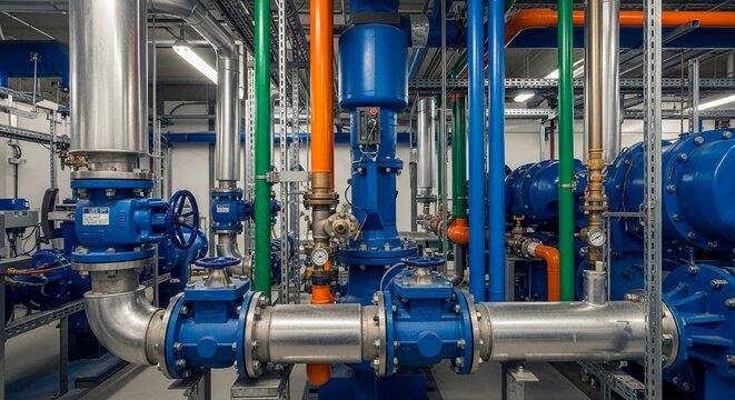Intricate industrial machinery with blue and orange pipes and valves in a complex mechanical plant room.