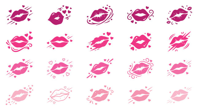 Pink lipstick kiss marks collection, 20 romantic lip print icons with hearts, feminine beauty and makeup vector elements for Valentine's Day
