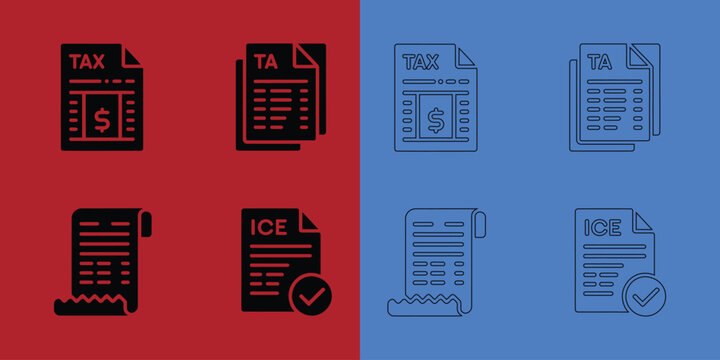 Set of tax and invoice document in solid black and outline styles on red and blue split background