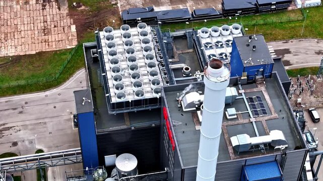 Aerial view of industrial facility with cooling fans and chimney on the rooftop of a factory building in Riga, Latvia.