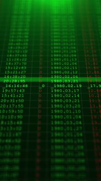Green digital data table background glowing rows, red and green values, grid lines, soft finance screen blur. for market videos, database visuals, analytics reports, trading intros, motion overlays.