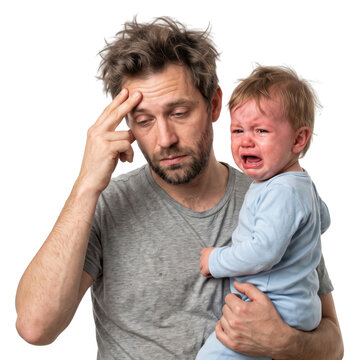 exhausted father holding a crying toddler isolated on transparent background