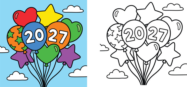 Happy New Year 2027 celebration balloons background set with colored illustration and line art coloring page for kids vector template
