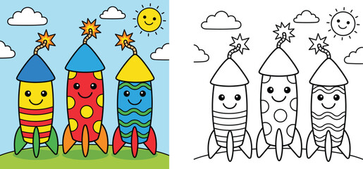 Cute Cartoon Firework Rockets Coloring Book Page Vector Illustration with Colored Sample for Kids Activities and Holiday Celebration (137 Characters)