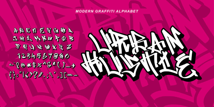 Urban Hustle is a modern graffiti display font featuring bold handstyle lettering inspired by street art and urban culture. The font includes uppercase letters, numbers, punctuation, and symbols. 