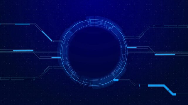 Cyan tech ring interface visual dark circular center, circuit paths, and starry blue grid field. Perfect for cyber screens, data dashboards, software titles, AI explainers, and motion graphics.