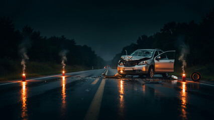 Fototapeta premium Car accident scene on wet roadway with emergency flares at night