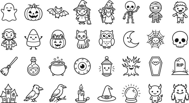 Set of cute hand drawn halloween doodle icons featuring ghosts pumpkins bats witches and spooky characters on a white background