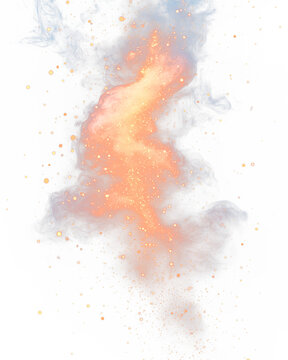A luminous core bursts outwards, engulfed in a swirling cloud of particles, sparks and smoke