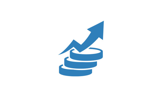 Blue coin stack with rising arrow.