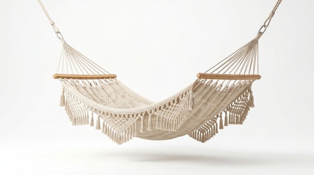 Handmade woven macrame hammock with wooden spreader bars isolated on white background