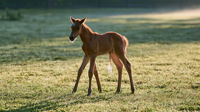 Newborn foal standing shakily on long legs with umbilical cord in grassy field.