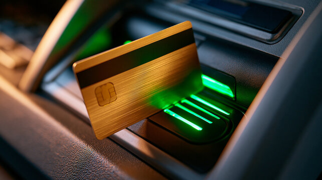 Macro shot of a golden bank card entering the card reader of an ATM machine with vivid green LED guidance lights, close focus on secure financial transaction and automated banking technology, ultra 