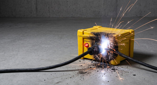Portable battery unit exploding with sparks during charging on concrete floor.