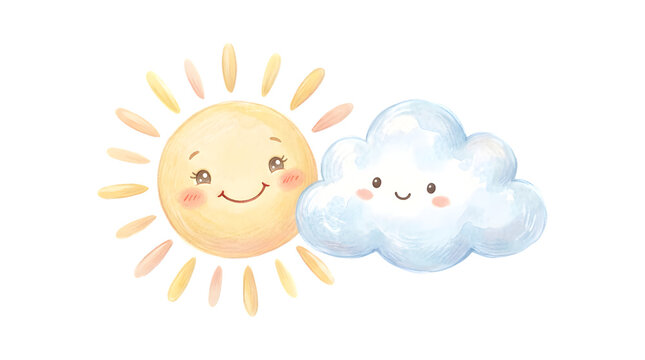 Cute smiling cartoon sun and cloud characters illustration.