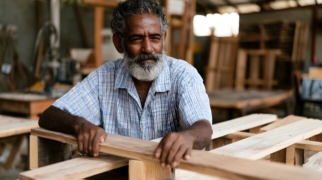 An older man with gray beard and curly hair leans on wooden planks in a workshop filled with wood