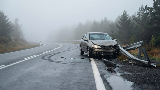 Car accident scene with damaged vehicle on foggy roadway