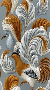 Elegant roosters with flowing feathers fill a seamless background pattern.