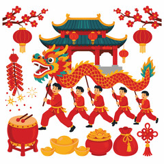 Fototapeta premium Traditional Chinese Dragon Dance Festival Flat Vector Illustration