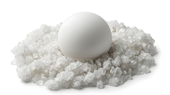 Smooth synthetic white rubber sphere resting on rough sea salt crystals for chemical compound study and material contrast concepts