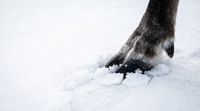 Close up view of a reindeer hoof stepping into the soft white snow in a cold arctic winter environment