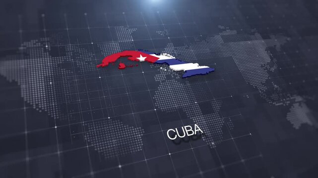 Cuba map with national flag on digital world map background, geographic border, global political and international news concept