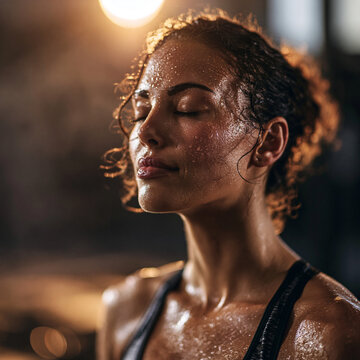 Athletic woman taking a break after intense workout with sweaty face and eyes