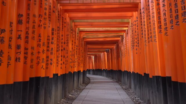 Walking through the iconic red torii gates at Fushimi Inari Shrine in Kyoto, Japan.