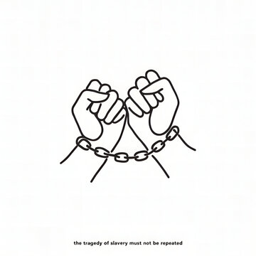 Single one line drawing two clenched hands chained together. The tragedy of slavery must not be repeated. Destroys the basic right to live in peace. Symbol. Continuous line design graphic illustration