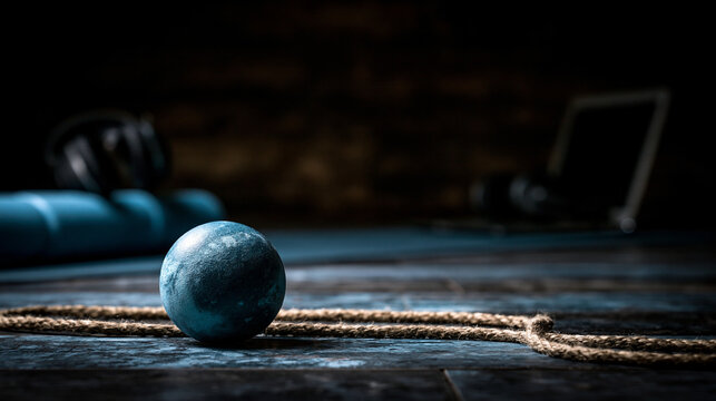 Textured spherical weight sitting on a floor surface with a rope in a dark gym