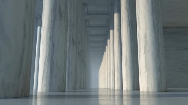 Grand marble colonnade interior with reflective floor, deep central corridor, evenly spaced columns, cool diffuse light, strong symmetry, monumental scale, with column, colonnade, interior, corridor