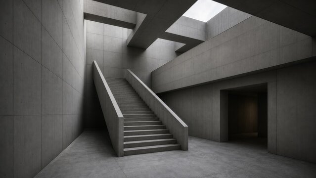 A modern concrete interior featuring geometric shapes, stairs, and minimalistic design with ample natural light filtering through openings.