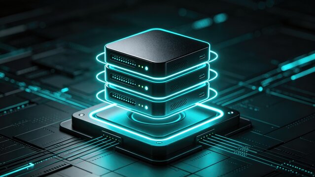 Futuristic glowing data server stack on digital circuit platform, idea for cloud computing branding, data center presentation, AI infrastructure marketing, and network technology design