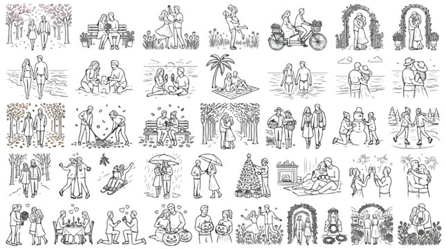 Hand drawn romantic couple illustrations, set of 35 line art sketches of lovers in various seasonal scenes, minimalist wedding and relationship vector icons