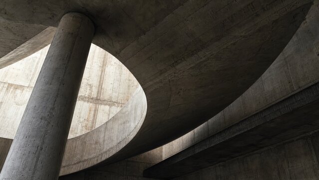 A modern architectural structure featuring curved lines and concrete pillars, showcasing innovative design and light interplay.