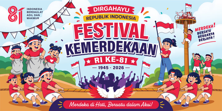 Indonesia Independence Day Festival Poster with Traditional Games, Red and White Flags and Happy Children Vector Illustration