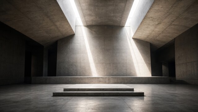 A minimalist concrete space featuring dramatic lighting and geometric shapes, creating a serene and modern atmosphere.