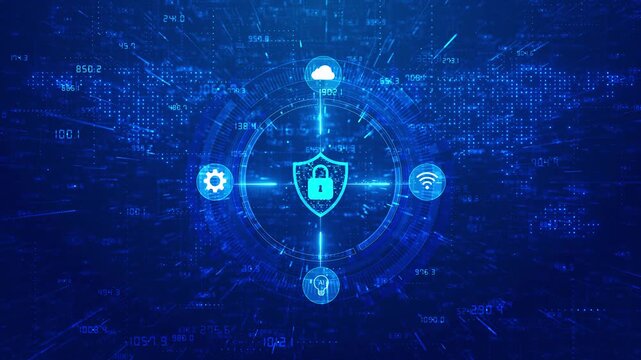 Digital protection shield interface visual cyan lock symbol, glowing icons, fast data rays, dark 19 field. for cyber defense clips, secure login screens, app safety promos, and motion graphics.
