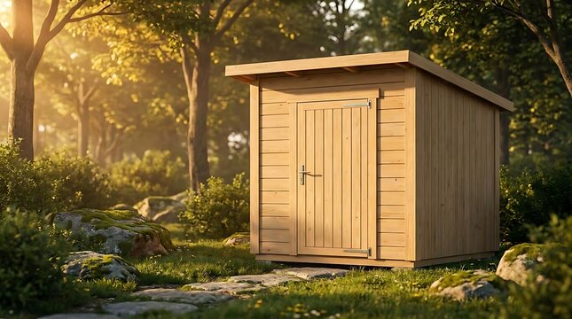 A beautiful portable garden shed made of light wood sitting in a tranquil forest clearing during the golden hour sunset with soft natural lighting and moss