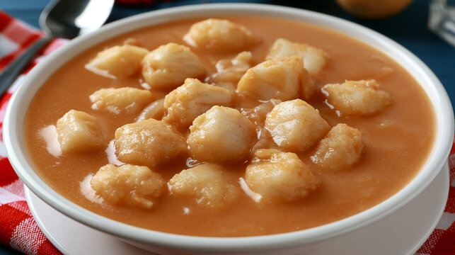 Creamy tomato soup with scallops in a white bowl seafood soup seafood dish